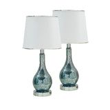 Halle Blue Green Glass With White Fabric Empire Shade Contemporary Bedroom, Bedside, Desk, Bookcase, Living Room Table Lamps (Set Of 2) - Pilaster Designs