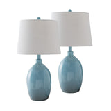 Kaya Blue With White Fabric Oval Shade Contemporary Bedroom, Bedside, Desk, Bookcase, Living Room Table Lamps (Set Of 2) - Pilaster Designs