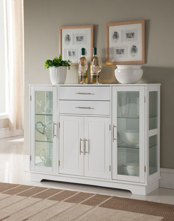 Elias White Wood Contemporary Kitchen Buffet Display China Cabinet With Storage Drawers & Glass Doors - Pilaster Designs