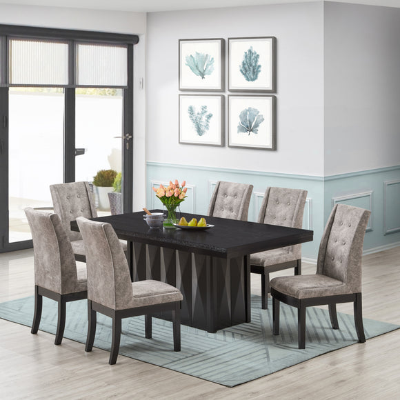 Riley 7 Piece Dining Set, Cappuccino Wood & Gray Fabric