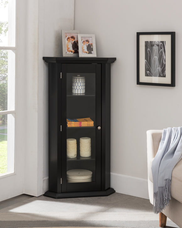 Didan Black Wood Contemporary Corner Curio Display Cabinet With 3 Storage Shelves & Glass Doors - Pilaster Designs