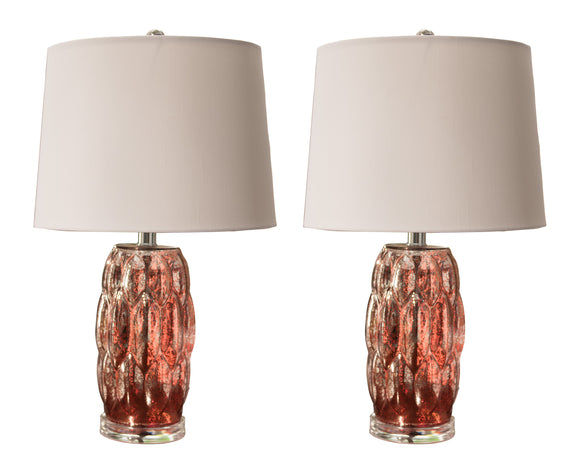 Davina Silver Pink Glass Body & White Fabric Oval Shade Transitional Multi Room Bedroom, Bedside, Desk, Bookcase, Living Room Table Lamps (Set of 2) - Pilaster Designs