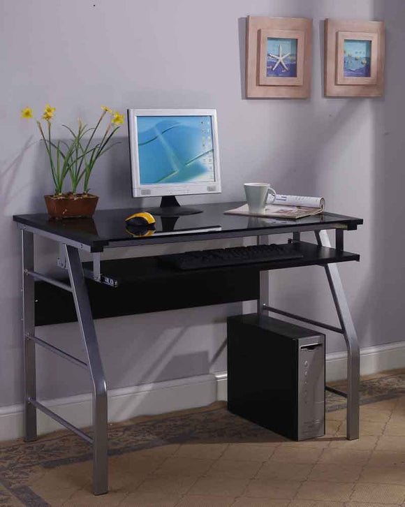 Kendra Black & Silver Metal & Glass Top Home & Office Computer Workstation Desk With Pull-Out Keyboard - Pilaster Designs