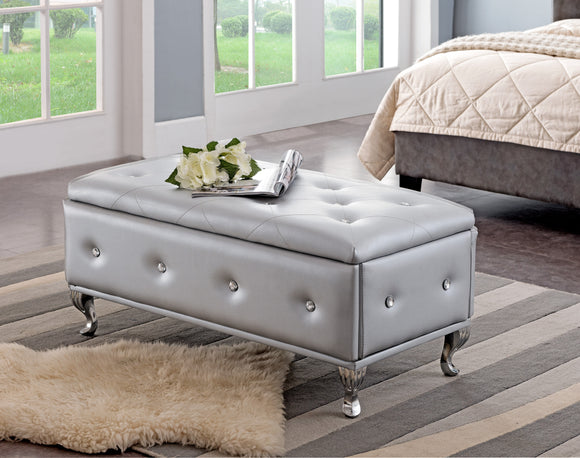 Jane Contemporary Upholstered Storage Ottoman Bench (Multiple Colors) (Wood Frame, Crystal Buttons, Chrome Legs) - Pilaster Designs