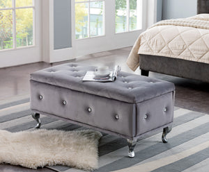 Jane Contemporary Upholstered Storage Ottoman Bench (Multiple Colors) (Wood Frame, Crystal Buttons, Chrome Legs) - Pilaster Designs
