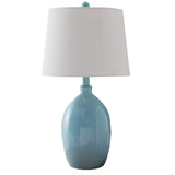 Kaya Blue With White Fabric Oval Shade Contemporary Bedroom, Bedside, Desk, Bookcase, Living Room Table Lamps (Set Of 2) - Pilaster Designs
