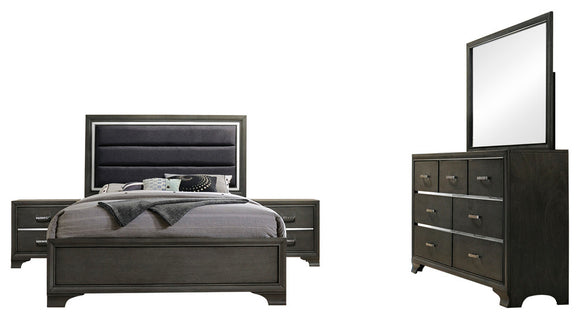 Sonata 5 Piece Upholstered Bedroom Set, King, Gray Wood