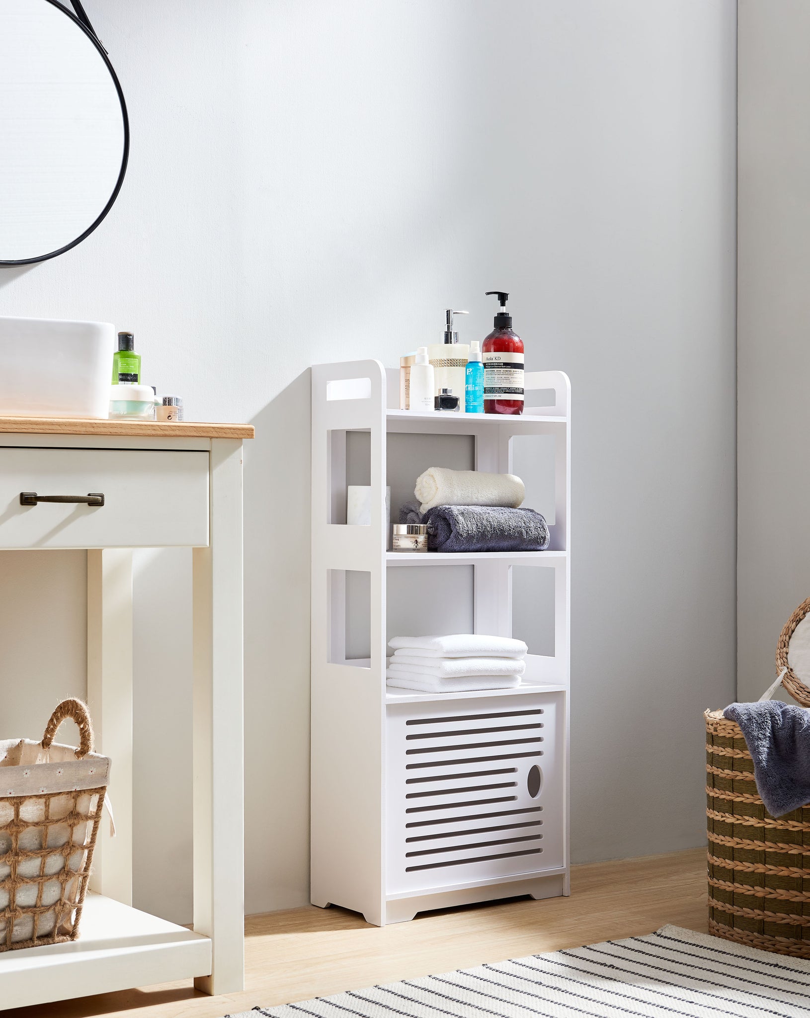 Netanya Freestanding 3 Open Shelves Bathroom Storage Organizer Cabinet, White Wood