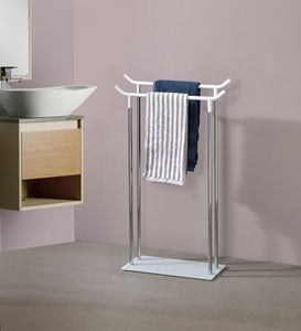 Talia Freestanding Towel Rack, Chrome White Metal & Tempered Glass