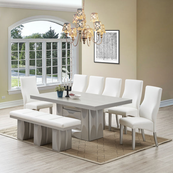 Astra 8 Piece Dining Set, Champagne Wood & White Vinyl