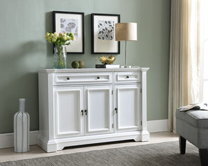 Liam White Wood Contemporary Sideboard Buffet Console Table With Storage Cabinets, Drawers, Shelves - Pilaster Designs