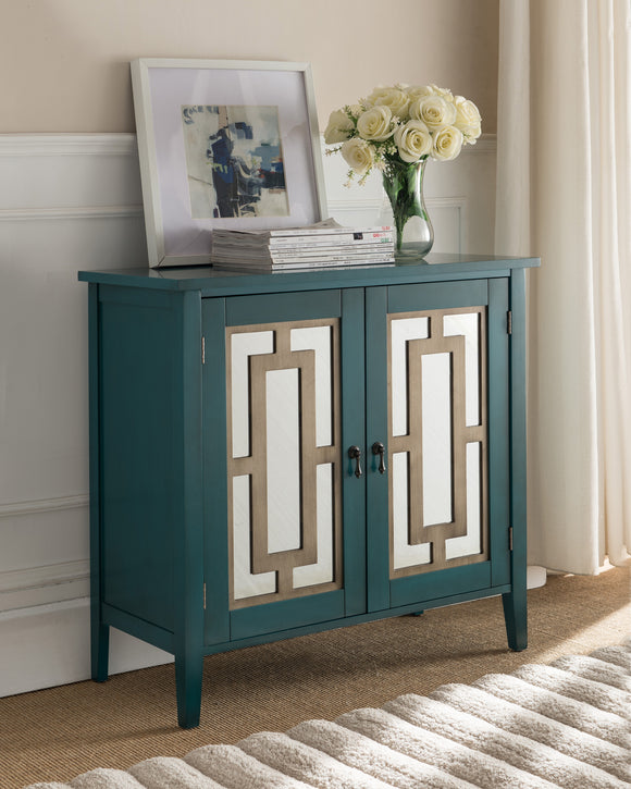Hunter Antique Blue Wood Contemporary Accent Entryway Sofa Display Table With Mirrored Storage Cabinet Doors - Pilaster Designs