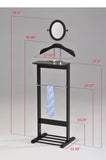 Black Wood & Chrome Metal Modern Suit & Cloth Valet Stand Organizer Rack With Mirror, Hanger, Shelf & Rack - Pilaster Designs