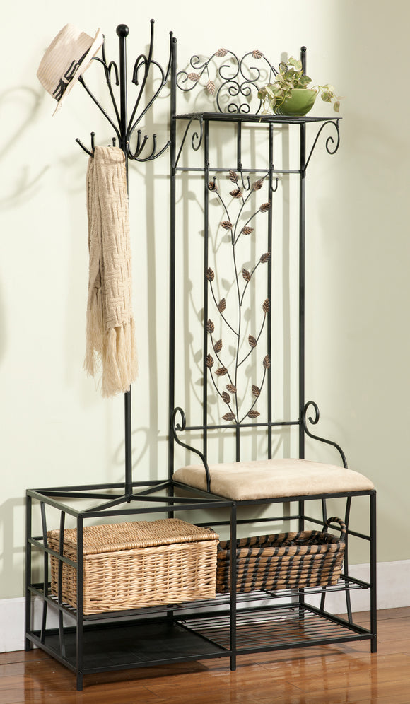 Black Metal Entryway 12 Hook Coat & Hat Rack Hall Tree Stand Organizer Display With Storage Shelves, Bench & Umbrella Stand - Pilaster Designs