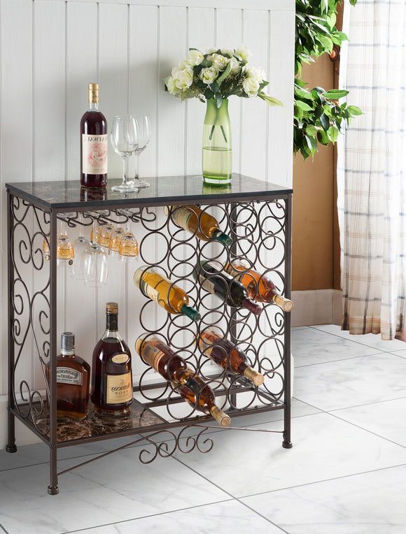 Marcus Bronze & Marble Metal Transitional Wine Rack  Organizer Display Stand With Storage Shelf & Cup Holders - Pilaster Designs