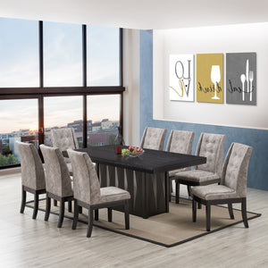 Riley 9 Piece Dining Set, Cappuccino Wood & Gray Fabric