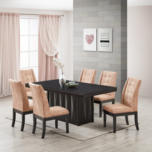 Riley 7 Piece Dining Set, Cappuccino Wood & Light Brown Fabric