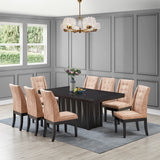 Riley 9 Piece Dining Set, Cappuccino Wood & Light Brown Fabric