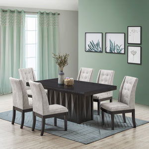 Riley 7 Piece Dining Set, Cappuccino Wood & Silver Fabric