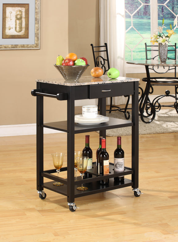 Jace Black & Marble Wood Contemporary Kitchen Serving Cart With Storage Drawer & Shelves - Pilaster Designs