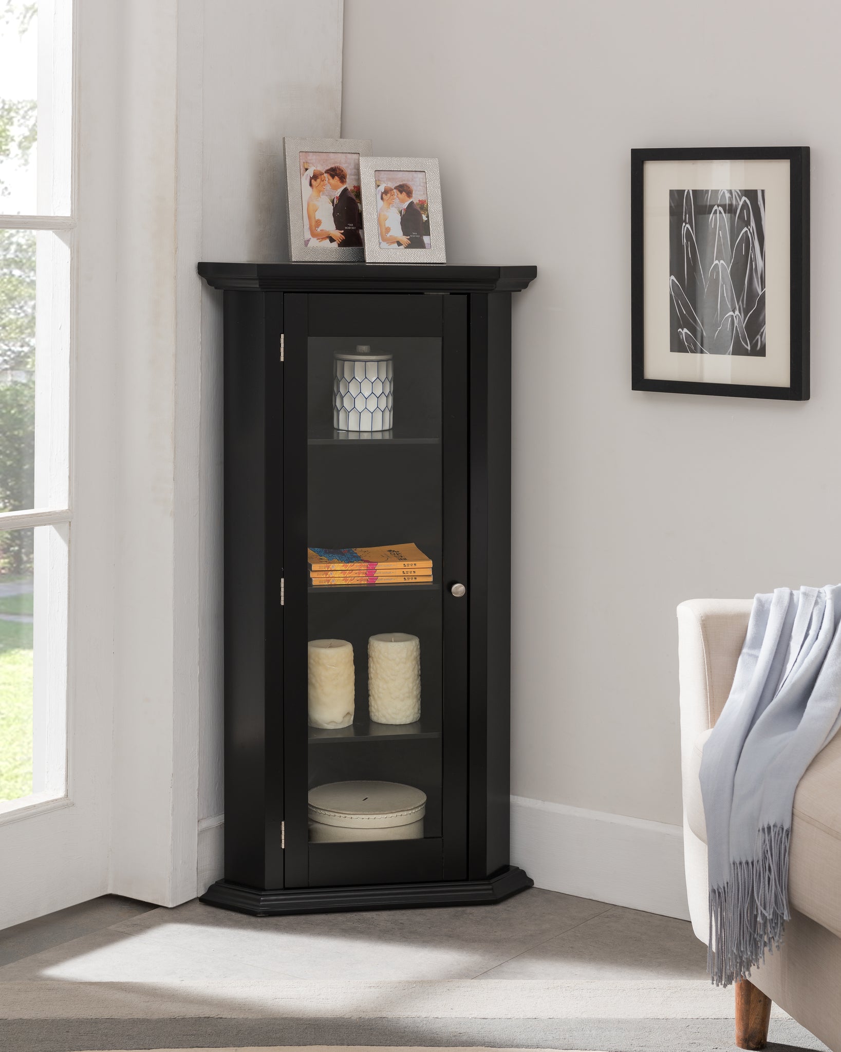 Didan Corner Accent Display Curio Cabinet Black Wood Pilaster Designs