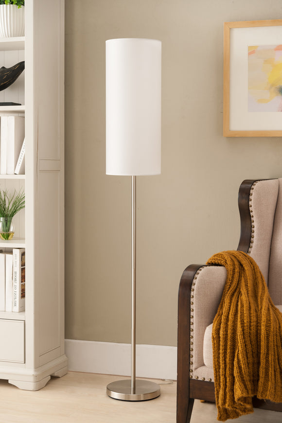 Maylee Brushed Nickel With White Cylinder Fabric Shade Modern Floor Standing Lamp (For Bedroom, Living Room) (Foot Step Switch) - Pilaster Designs