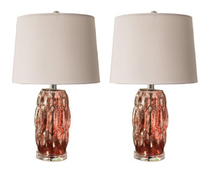 Davina Silver Pink Glass Body & White Fabric Oval Shade Transitional Multi Room Bedroom, Bedside, Desk, Bookcase, Living Room Table Lamps (Set of 2) - Pilaster Designs