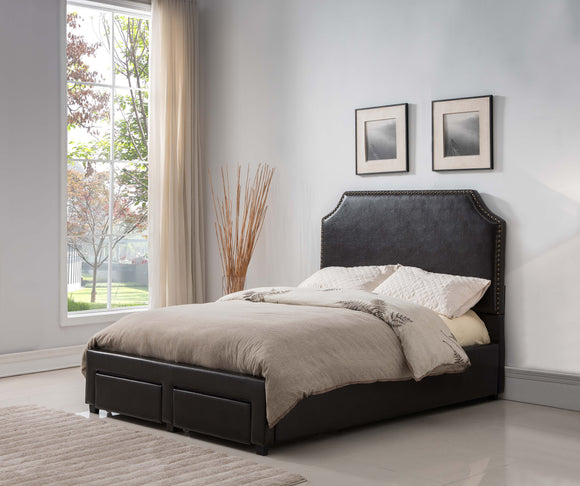 Dark Brown Faux Leather Nailhead Upholstered Platform Slat Bed With 2 Storage Drawers (Wood Frame) - Pilaster Designs