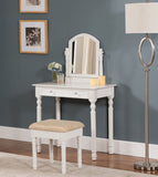 2 Piece White Wood Vanity Display Table With Mirror, Storage Drawer & Ivory Cushioned Seat Bench Set - Pilaster Designs