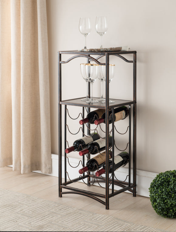 Ashton Brushed Copper Metal Transitional Wine Rack Display Stand With Storage Shelves - Pilaster Designs