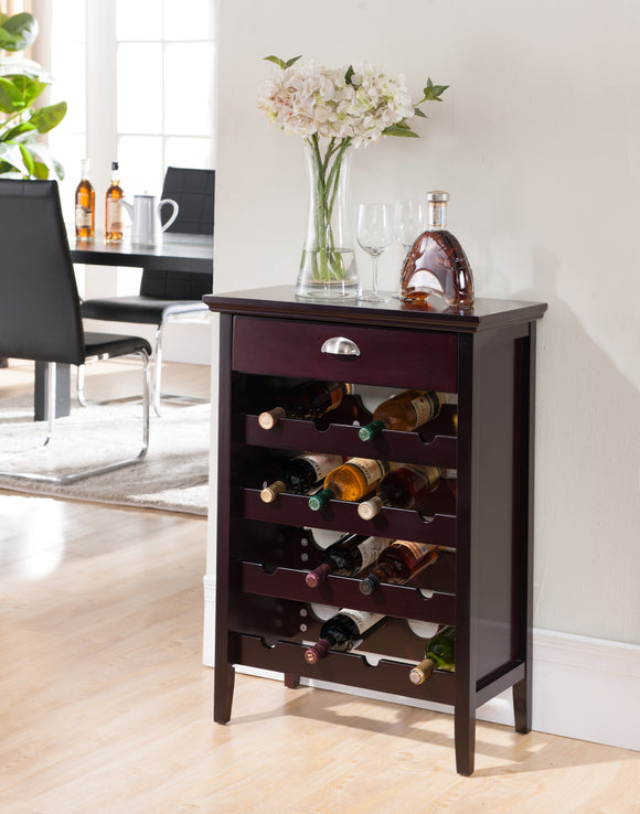 Antonio Dark Cherry Wood Contemporary Wine Rack Buffet Display Cabinet With Storage Drawer - Pilaster Designs