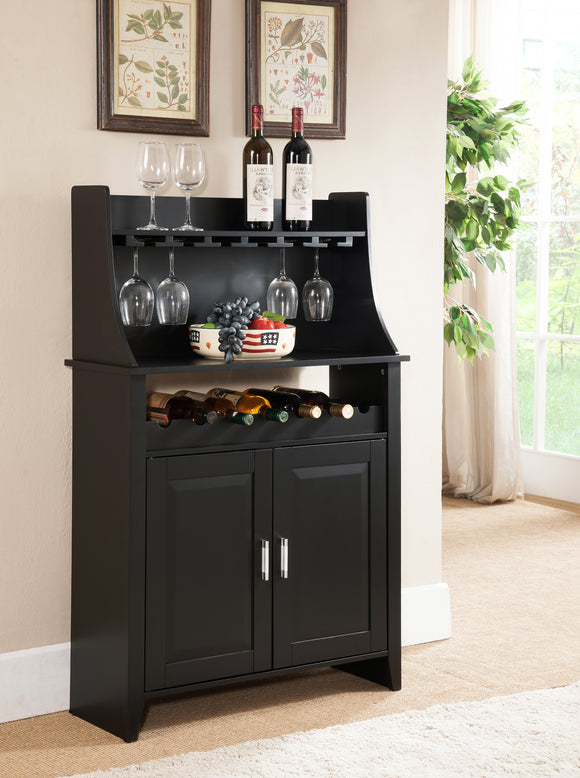 Bennett Black Wood Contemporary Wine Rack Buffet Display Cabinet With Storage Door & Shelves - Pilaster Designs