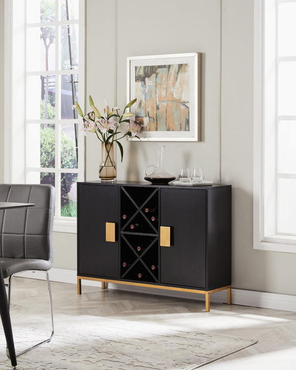 Bernadette Wine Cabinet, Black Wood & Gold Metal