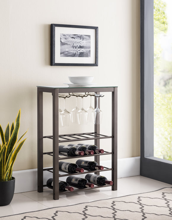 Trier Wine Rack, Pewter Metal & Tempered Glass