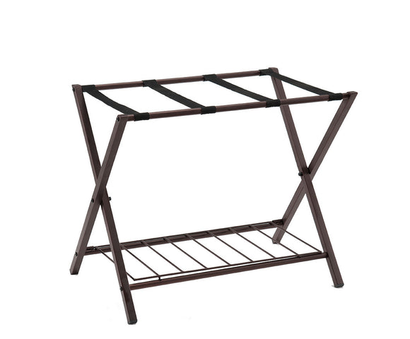 26-Inch Bronze Metal Transitional Folding Luggage Rack Organizer With Storage Shelf & Nylon Belts - Pilaster Designs