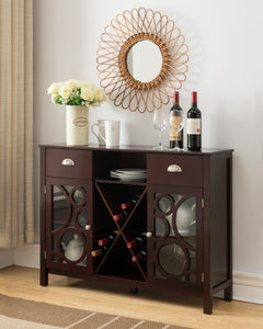 Finn Dark Cherry Wood Contemporary Wine Rack Sideboard Buffet Display Console Table With Storage Drawers, Glass Cabinet Doors & Shelf - Pilaster Designs