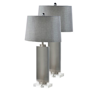 Rhea Table Lamp Set, Brushed Chrome Metal & Silver Fabric