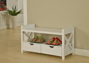 Cherry or White Wood Shoe Bench Display With Storage Shelves & Drawers - Pilaster Designs
