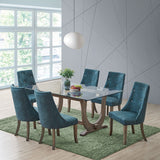 Benoit 7 Piece Dining Set, Blue Fabric & Gray Wood
